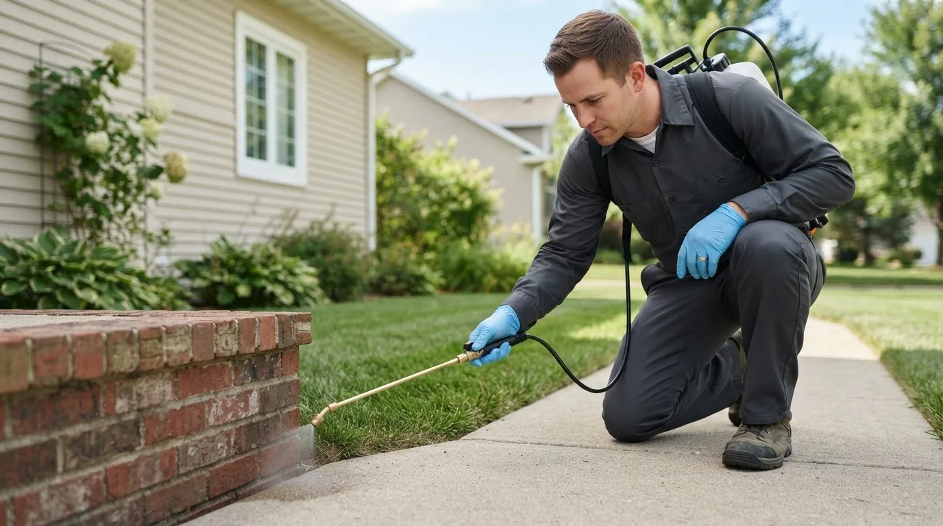 Pest control technician treating a home near Kirby, OH