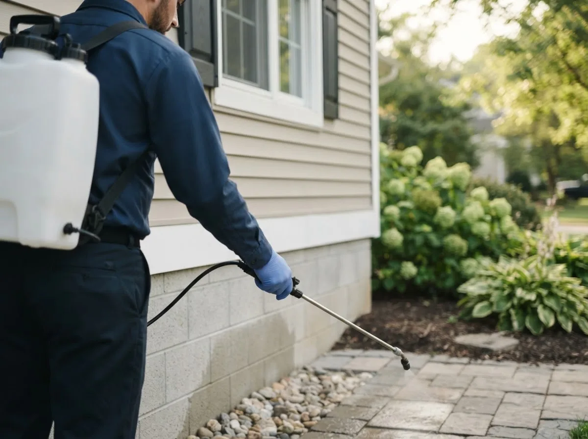 Pest control technician inspecting a home in Kirby, OH